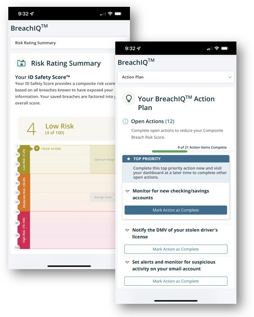 BreachIQ screenshots - Identity Safety Score and Personal Action Plan