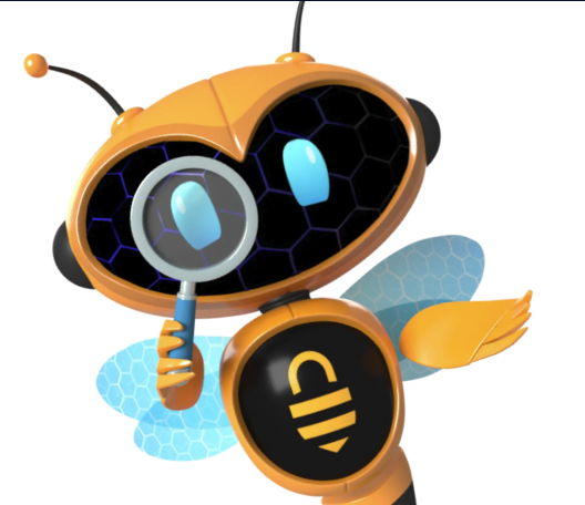 Cartoon-style orange robot bee holding a magnifying