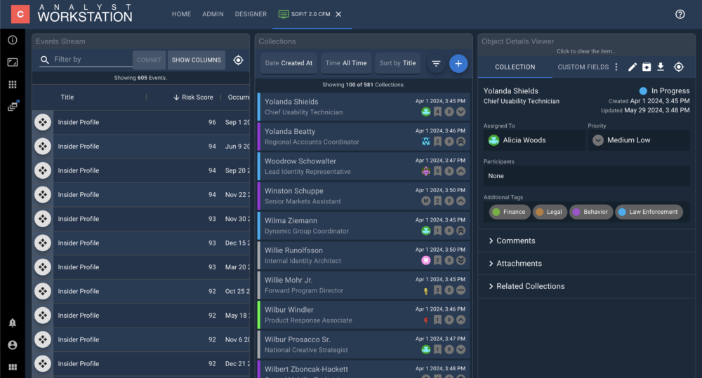Events Stream, Collections, and Object Details Viewer
